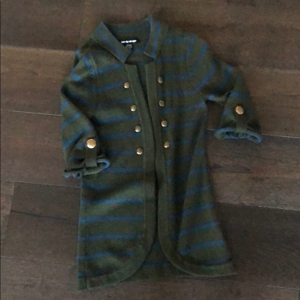 Green cardigan with blue stripes